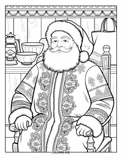 Coloriage de Père Noël pour adultes : Le Père Noël porte un manteau richement brodé et est assis sur une chaise en bois dans un décor rustique