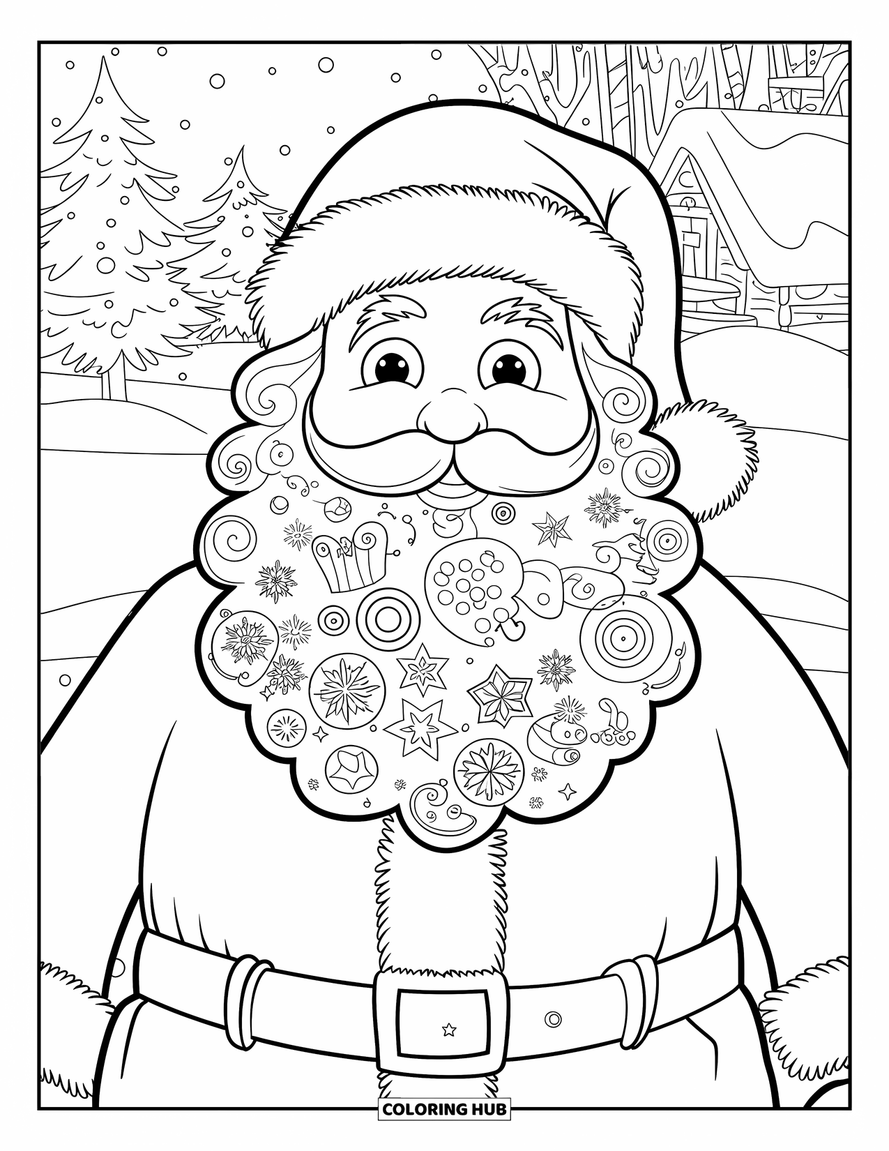 Santa Coloring Page for Adults: Santa's beard flows with detailed Christmas elements, set against a snowy winter landscape