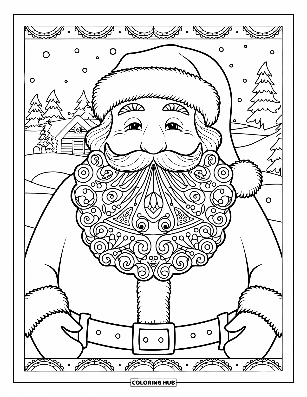 Santa Coloring Page for Adults: Santa's beard is woven with Christmas symbols, standing against a snowy cabin backdrop