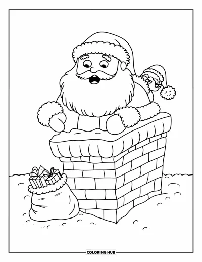 Coloriage de Père Noël pour adultes : Le ventre du Père Noël reste coincé dans une cheminée pendant qu'un petit lutin essaie de le pousser