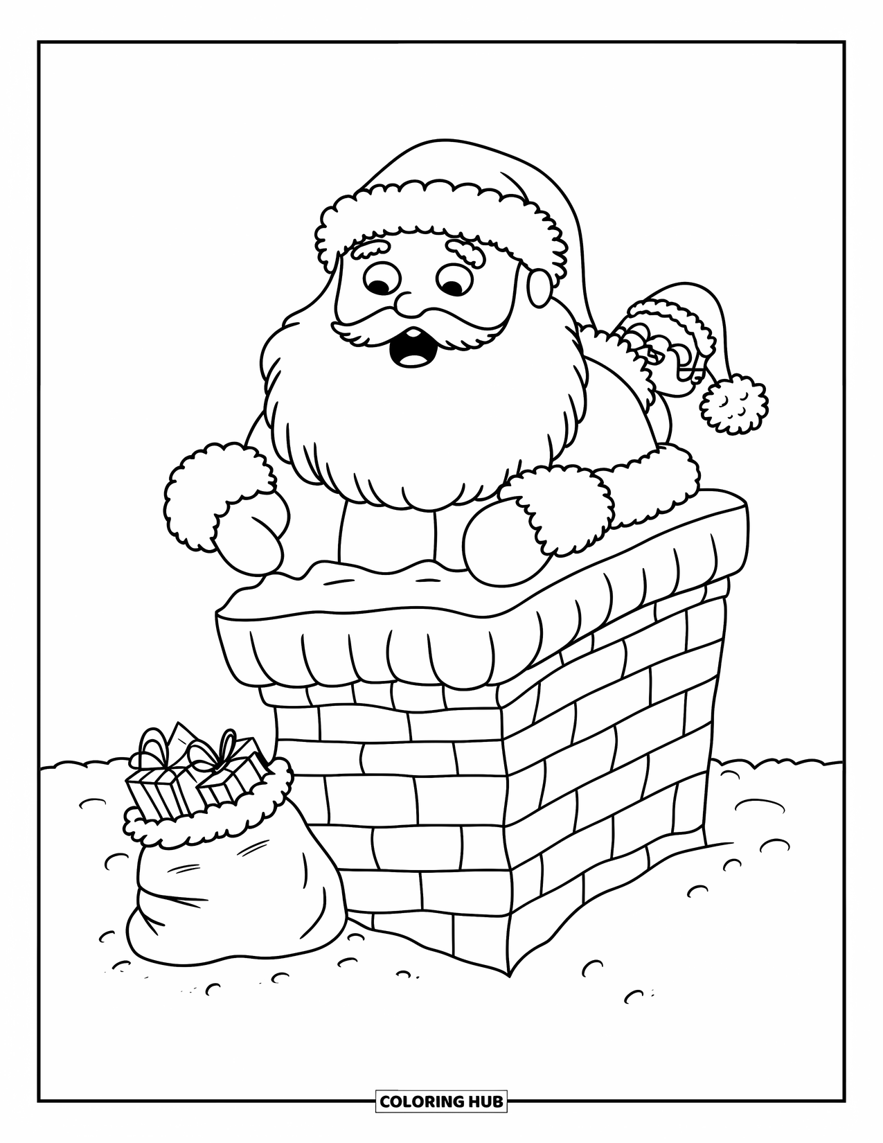 Santa Coloring Page for Adults: Santa's belly gets stuck in a chimney while a tiny elf struggles to push him down