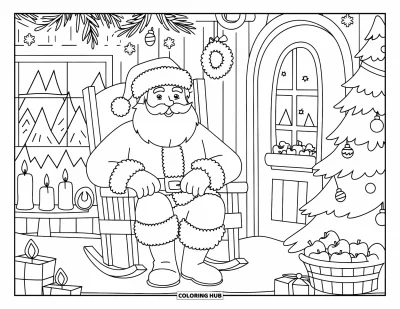 Coloriage de Père Noël pour adultes : La cabine du Père Noël déborde de charme de Noël, des guirlandes scintillantes au décor de fête réconfortant