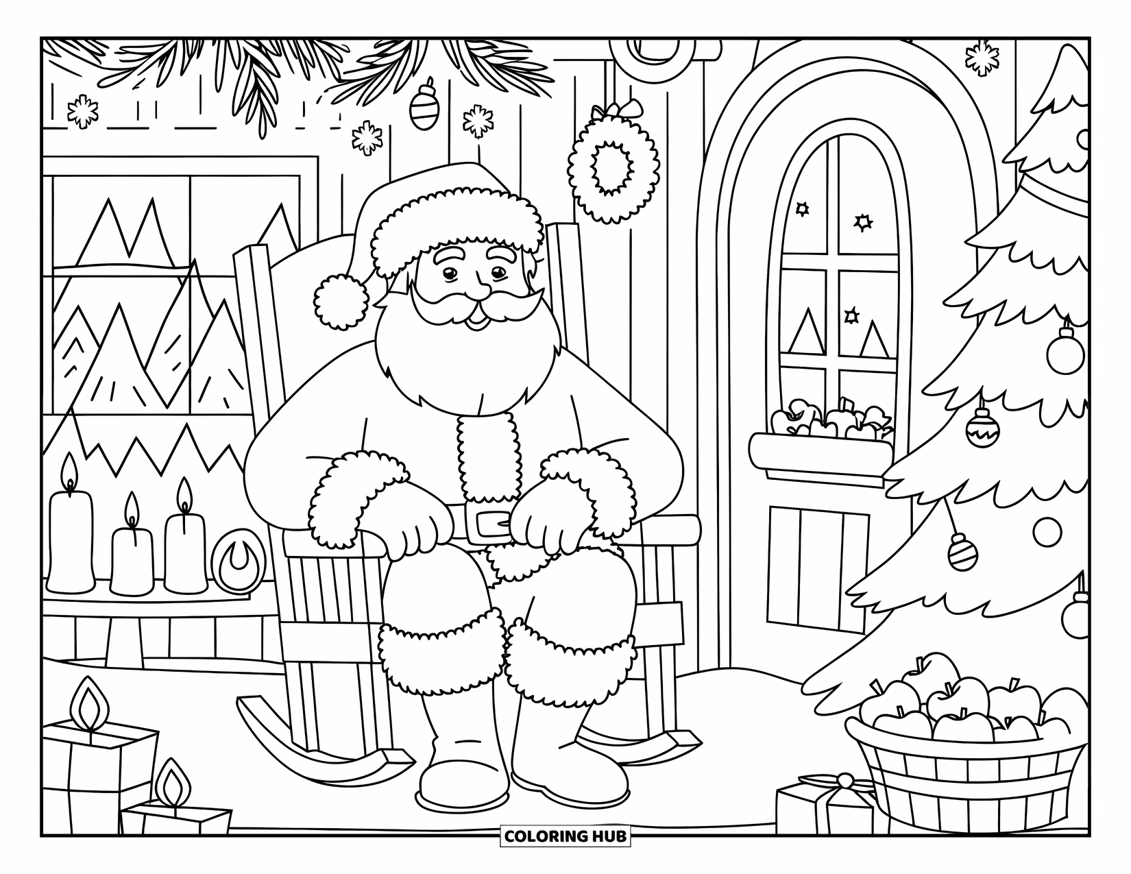 Santa Coloring Page for Adults: Santa's cabin is filled with Christmas charm, from twinkling lights to cozy holiday decor