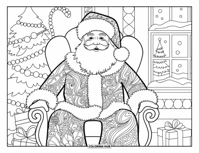Coloriage de Père Noël pour adultes : Les robes élégantes du Père Noël présentent des motifs de Noël artistiques dans un décor festif