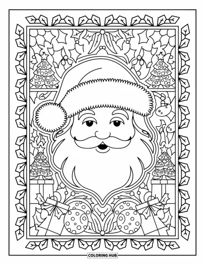 Coloriage de Père Noël pour adultes : Le visage du Père Noël est entouré d'un motif complexe d'éléments de Noël comme le houx et les cannes en sucre d'orge
