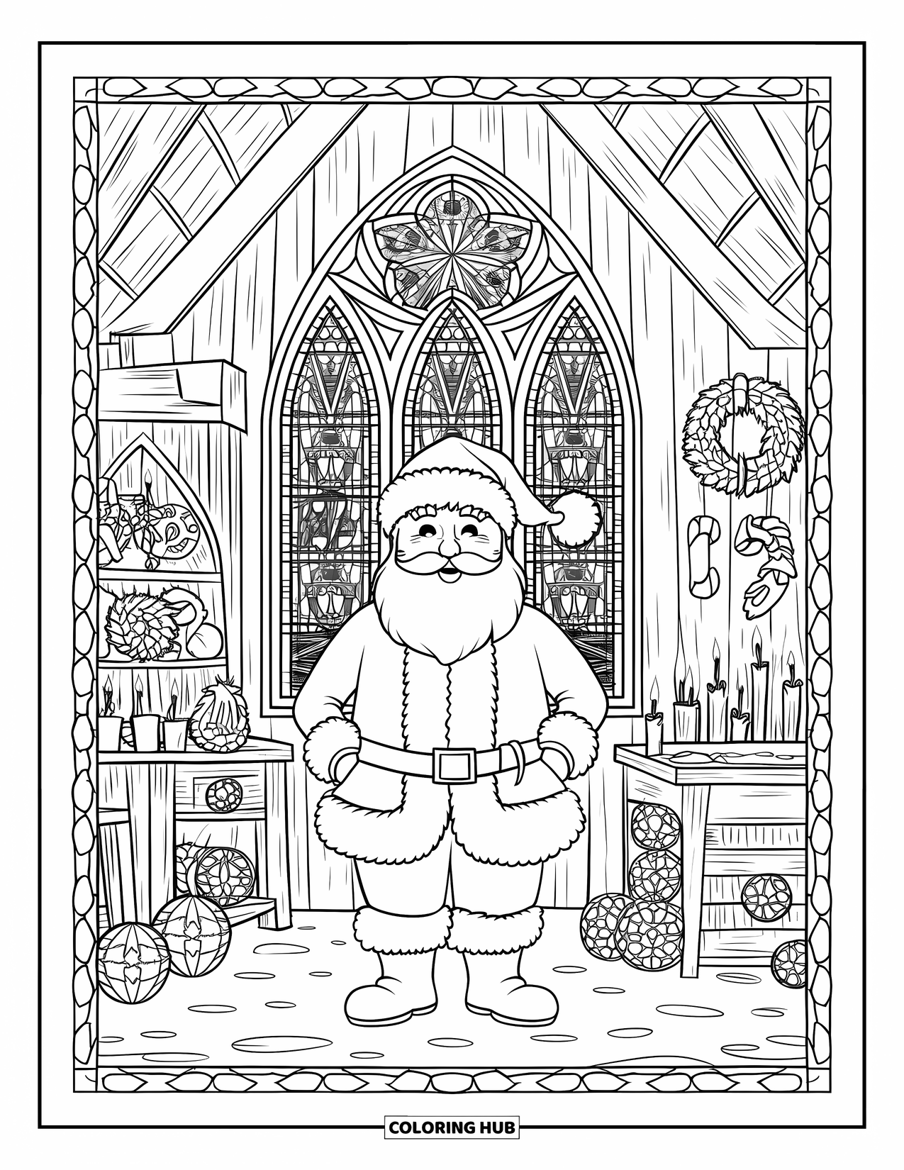 Santa Coloring Page for Adults: Santa's grand North Pole workshop is filled with toys, decorations, and festive magic
