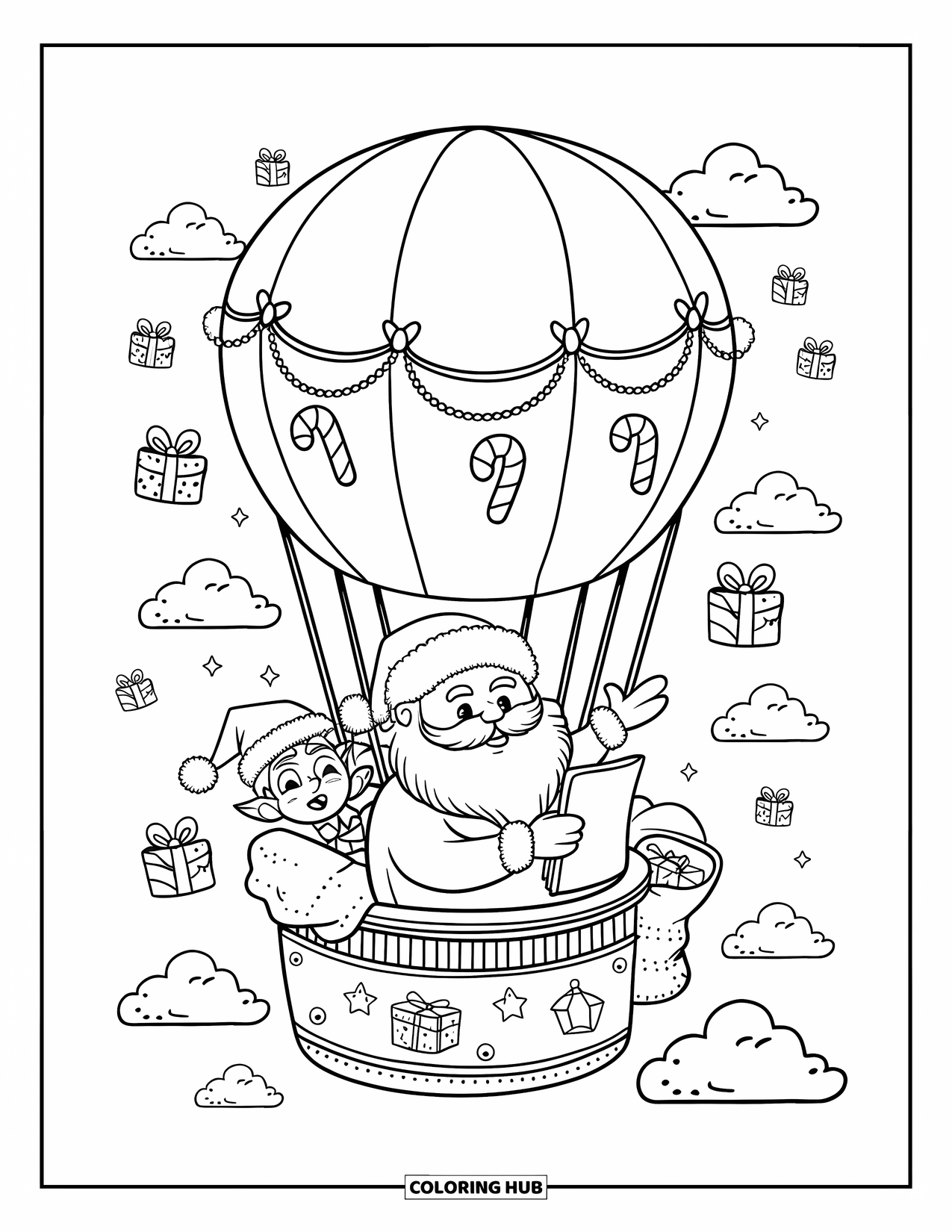 Santa Coloring Page for Adults: Santa's hot air balloon sleigh drifts through the sky, decorated with presents and festive patterns