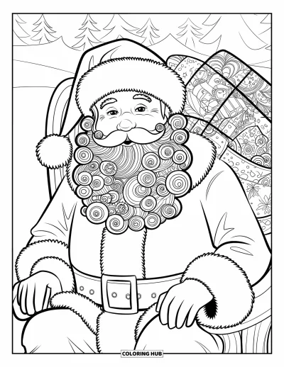 Coloriage de Père Noël pour adultes : La longue barbe décorative du Père Noël est remplie de motifs de fête complexes et de volutes
