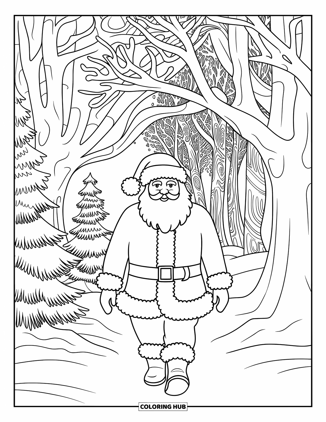 Santa Coloring Page for Adults: Santa's path winds through a highly detailed snowy forest, offering a magical winter scene
