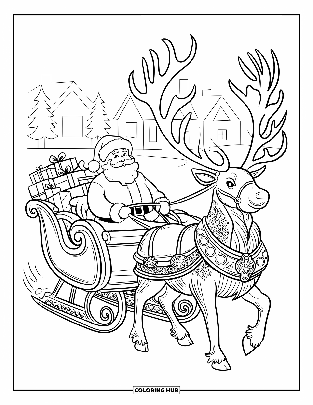 Santa Coloring Page for Adults: Santa's sleigh soars through a snowy village, led by reindeer with beautifully detailed patterns