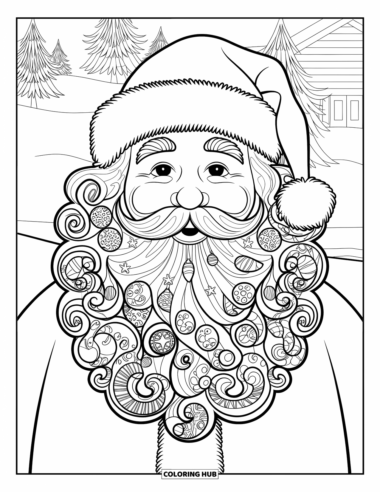 Santa Coloring Page for Adults: Santa's swirling beard is filled with intricate Christmas patterns and festive designs
