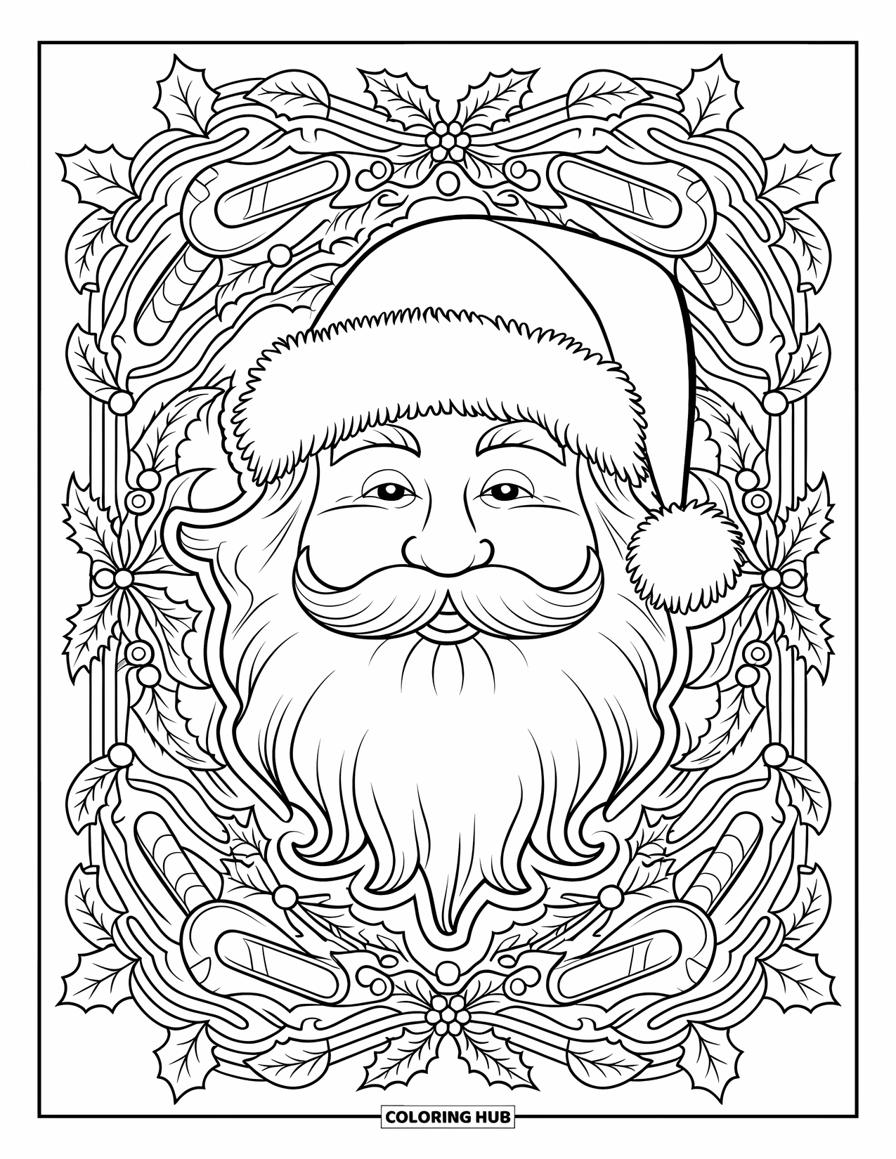 Santa Coloring Page for Adults: Santa's warm expression is framed by festive holiday patterns and swirling Christmas details