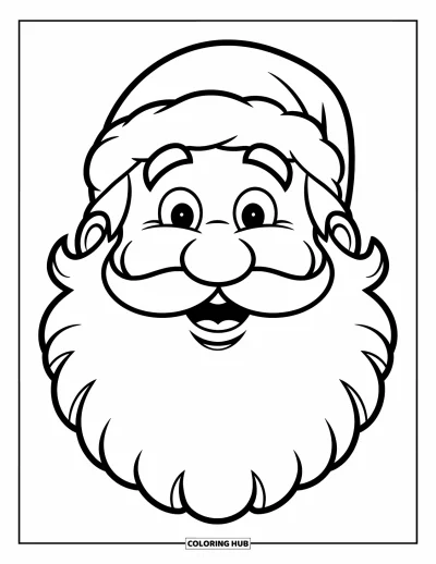 Coloriage de Père Noël pour enfants : Gros plan sur le visage jovial du Père Noël, avec sa barbe duveteuse qui remplit toute la page