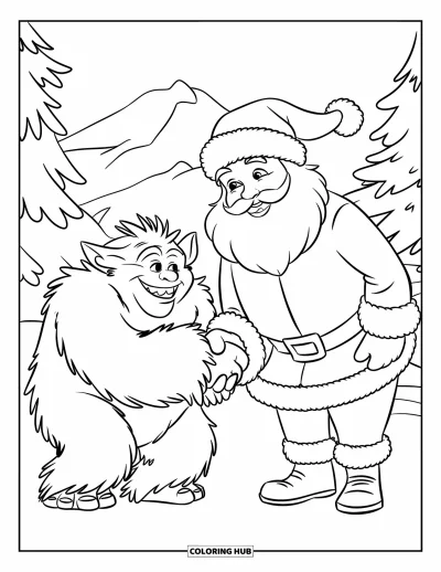 Coloriage de Père Noël pour enfants : Le Père Noël et un yéti amical se serrent la main dans une forêt enneigée avec des arbres et des montagnes