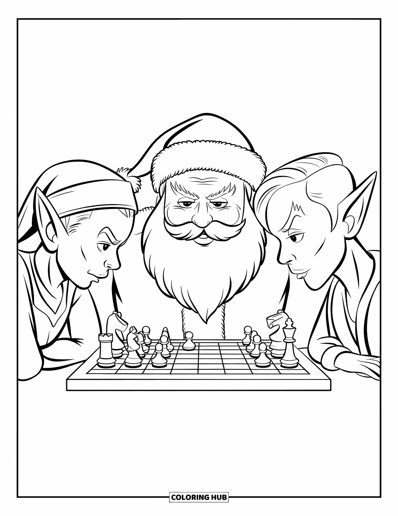 Santa Coloring Page for Kids: Santa and an elf sit at a table, deep in thought over a chess game