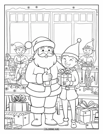 Coloriage de Père Noël pour enfants : Le Père Noël et les lutins travaillent ensemble dans l'atelier de jouets, entourés de cadeaux et d'outils