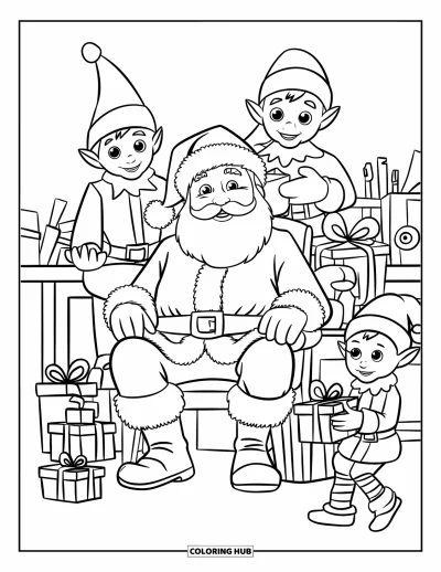 Coloriage de Père Noël pour enfants : Le Père Noël et ses lutins fabriquent des jouets et emballent des cadeaux dans un atelier animé
