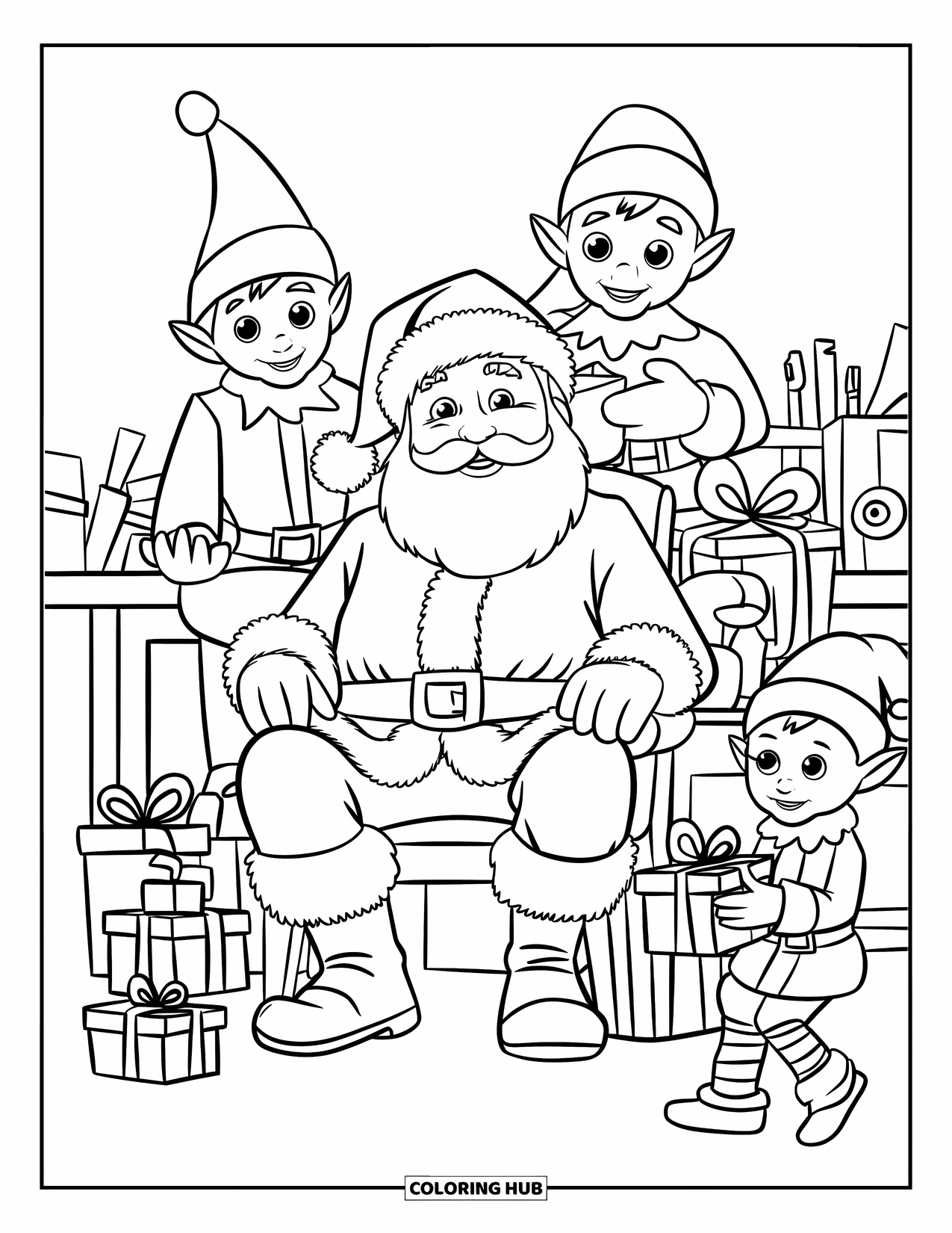 Santa Coloring Page for Kids: Santa and his elves craft toys and wrap gifts in a bustling workshop