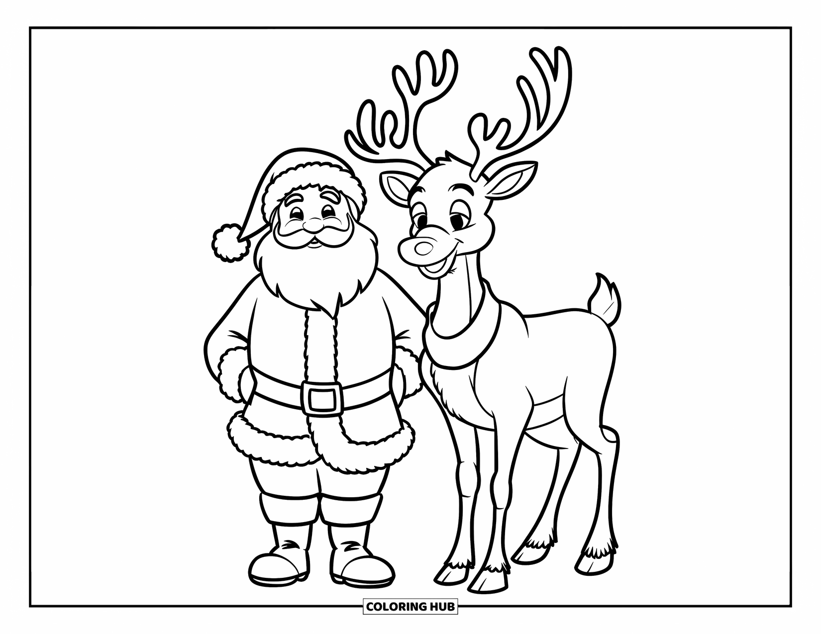 Santa Coloring Page for Kids: Santa and his reindeer stand side by side, ready for their Christmas journey