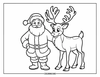 Coloriage de Père Noël pour enfants : Le Père Noël et son renne se tiennent ensemble, le regard tourné vers l'avant, pleins d'esprit de fête