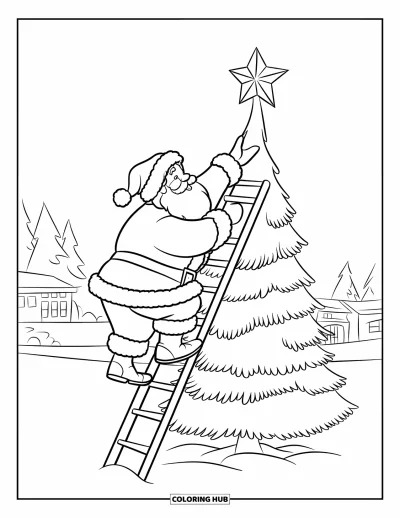 Coloriage de Père Noël pour enfants : Le Père Noël garde l'équilibre sur une échelle pour placer une étoile au sommet d'un grand sapin