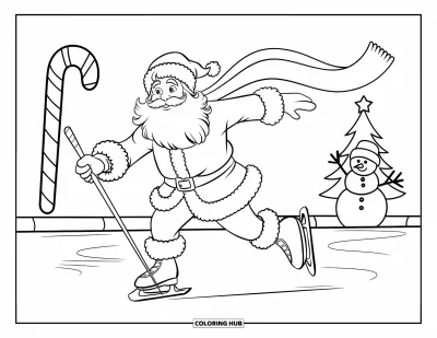 Coloriage de Père Noël pour enfants : Le Père Noël garde son équilibre sur la glace avec un bâton, son écharpe flottant pendant qu'il patine