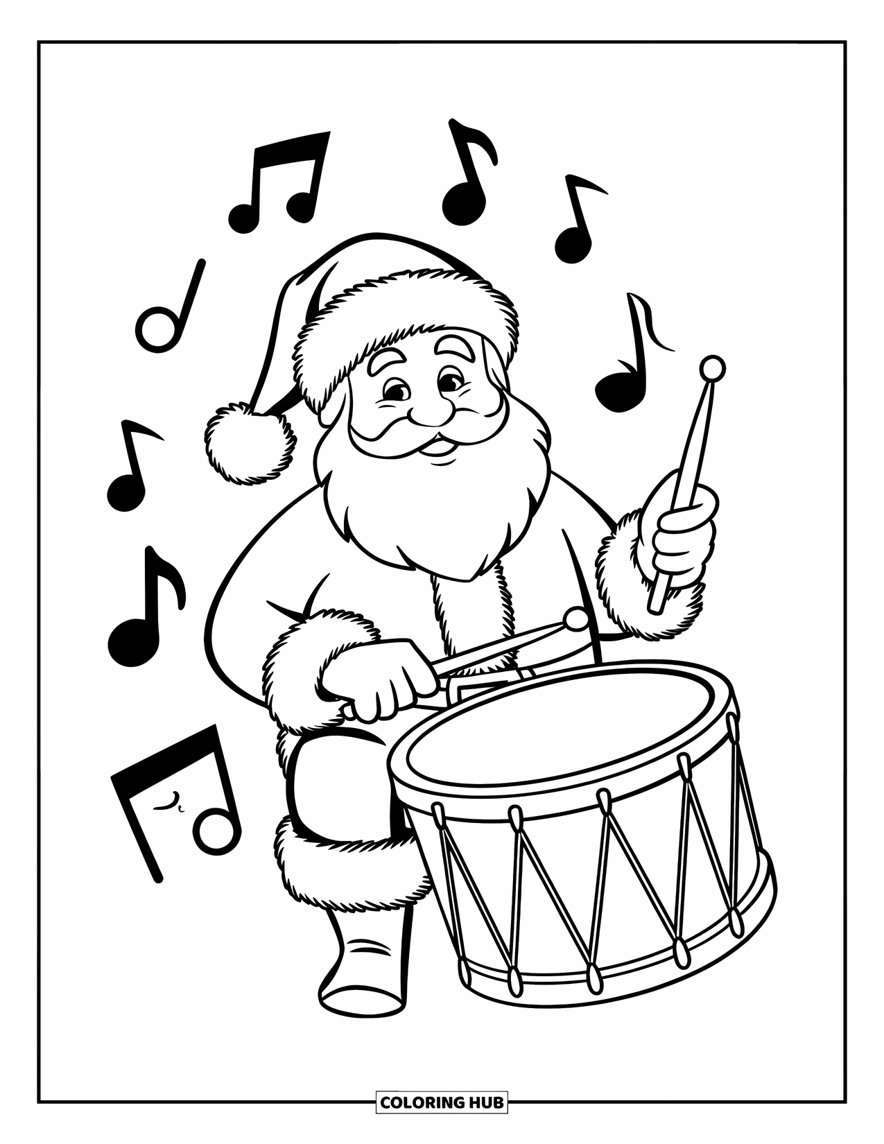 Santa Coloring Page for Kids: Santa beats a drum happily, surrounded by music notes and holiday cheer