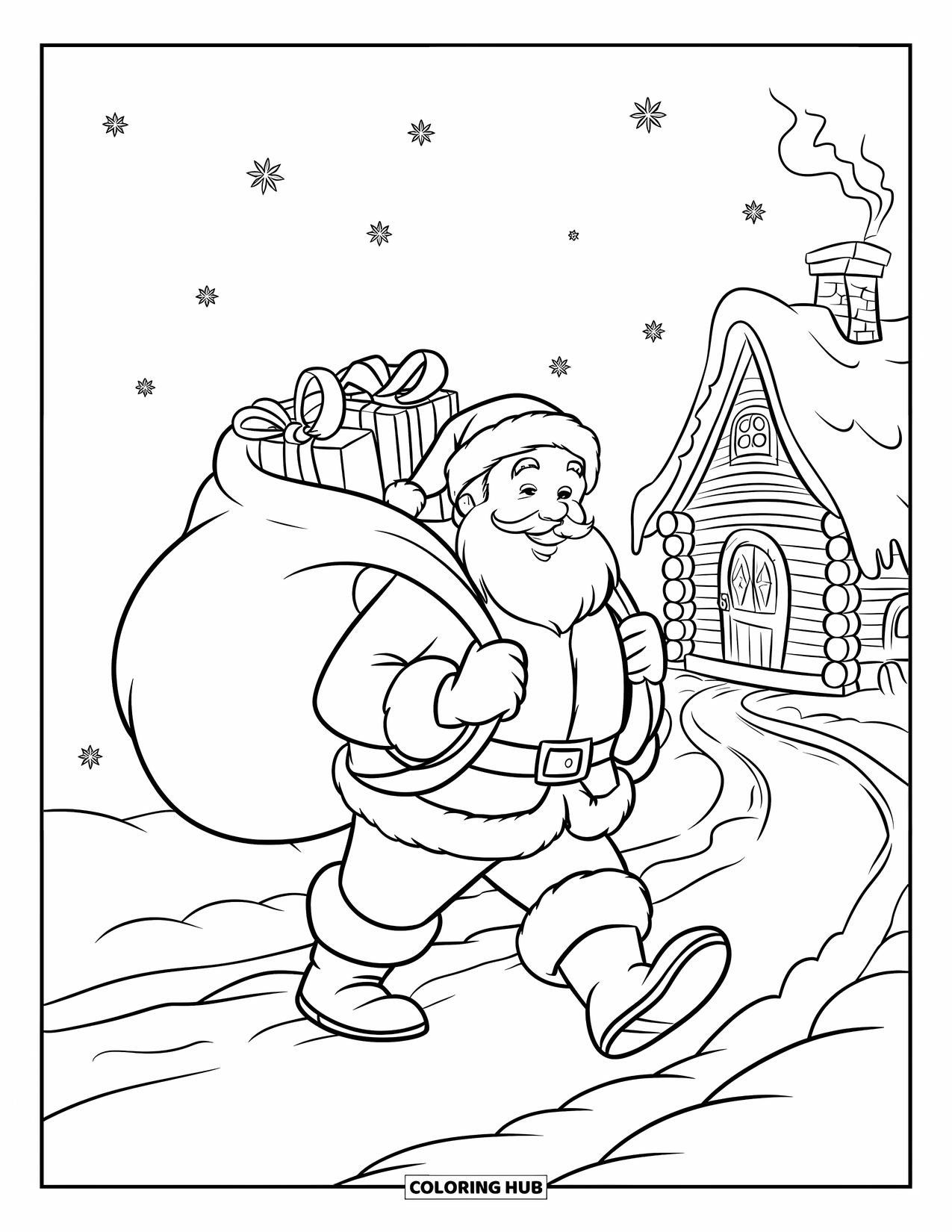 Santa Coloring Page for Kids: Santa carries a bulging sack of presents while walking toward a cozy cottage