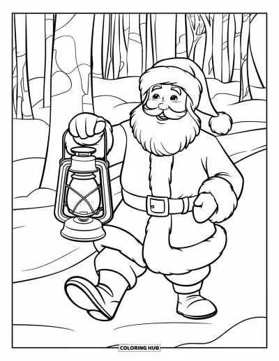 Coloriage de Père Noël pour enfants : Le Père Noël porte une lanterne lumineuse en avançant dans une forêt enneigée paisible