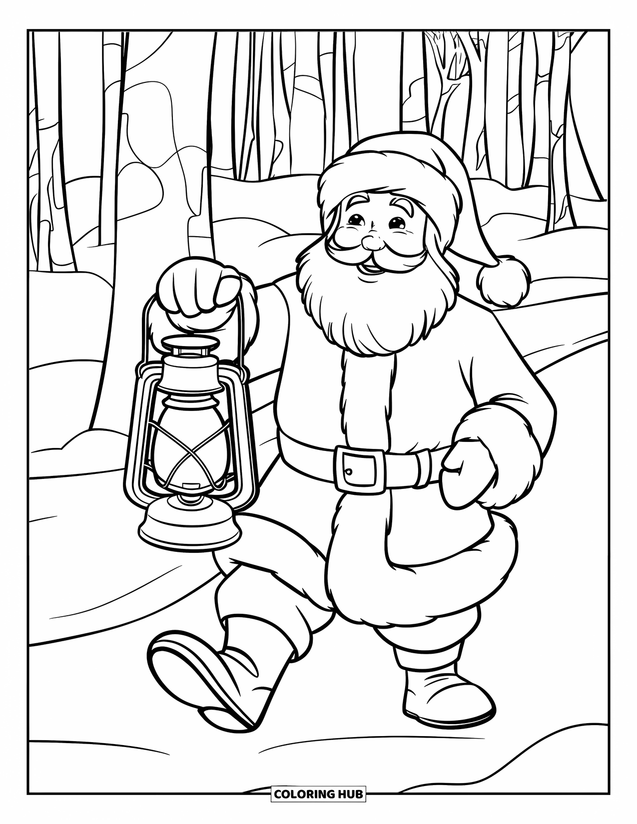 Santa Coloring Page for Kids: Santa carries a glowing lantern as he makes his way through a peaceful snowy forest