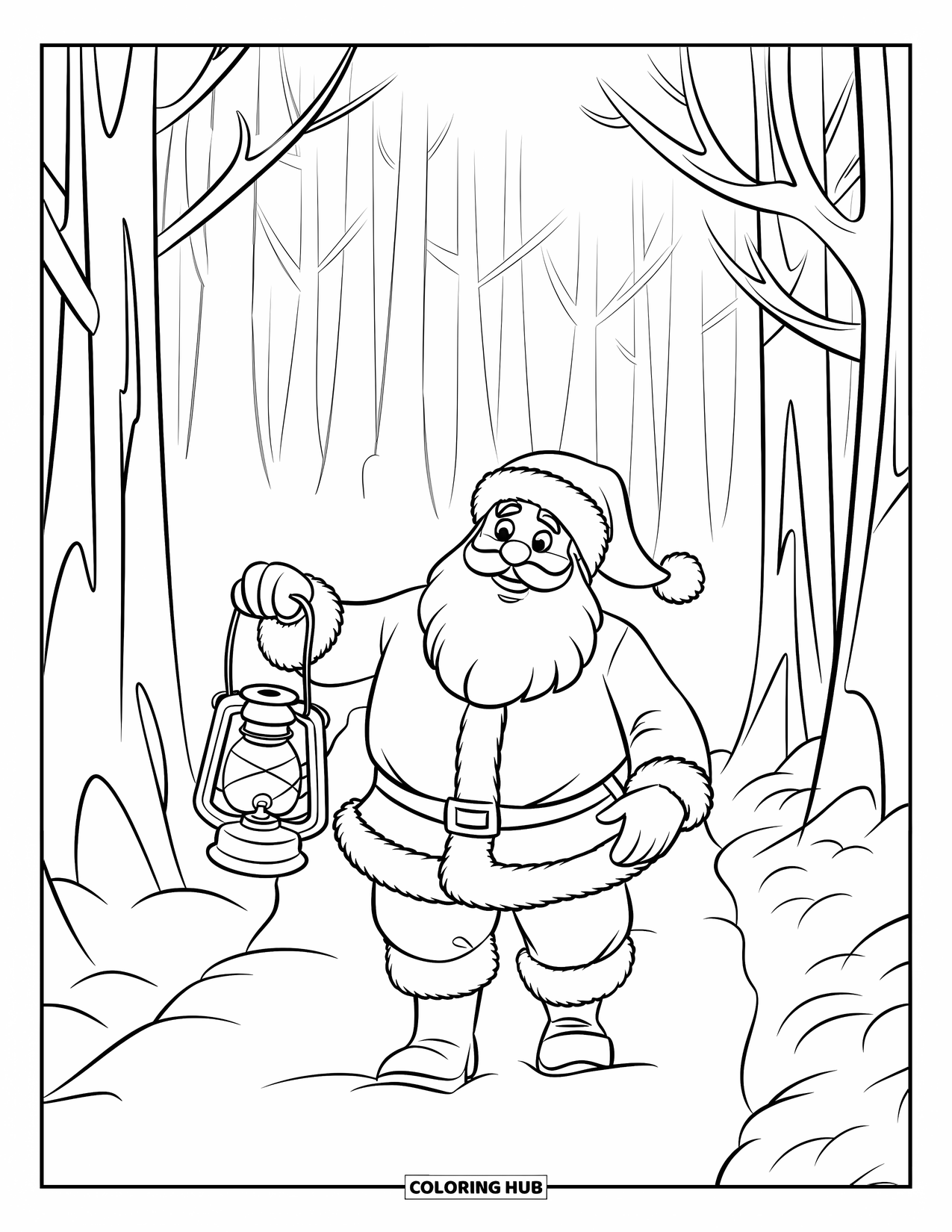 Santa Coloring Page for Kids: Santa carries a lantern while walking through a quiet, snow-covered forest