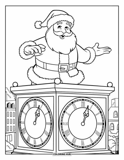 Coloriage de Père Noël pour enfants : Le Père Noël vérifie l'heure sur une grande tour de l'horloge, avec une ville enneigée derrière lui