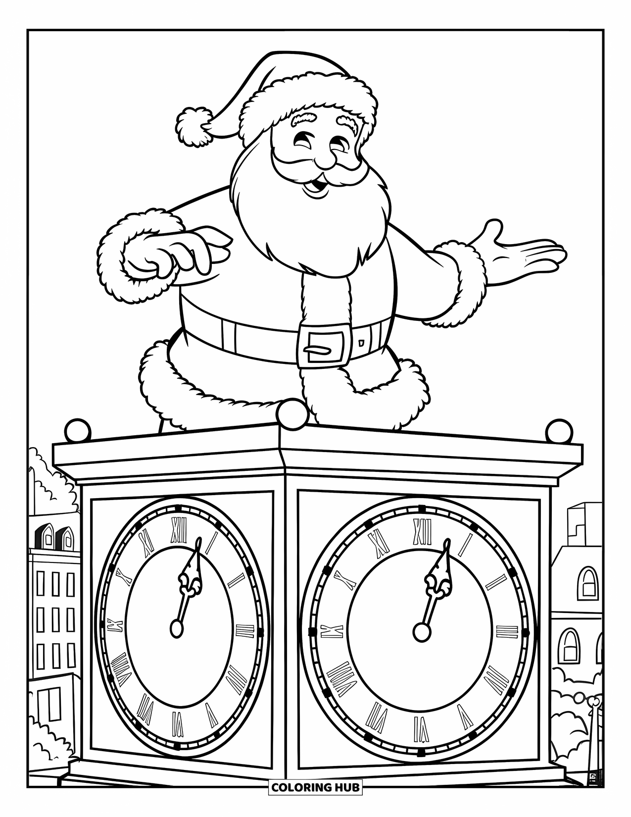 Santa Coloring Page for Kids: Santa checks the time on a grand clock tower, with a snowy city behind him