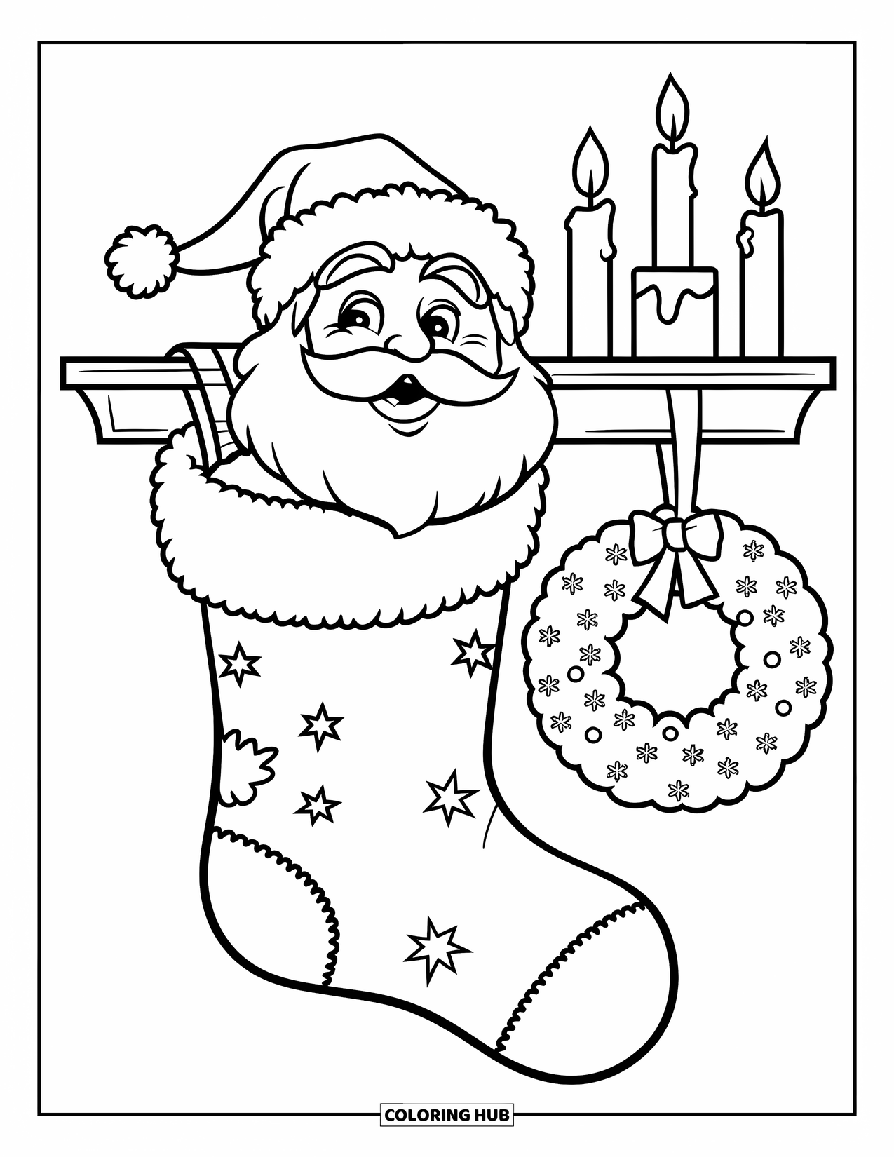 Santa Coloring Page for Kids: Santa cheerfully peeks from a Christmas stocking, ready to spread holiday magic