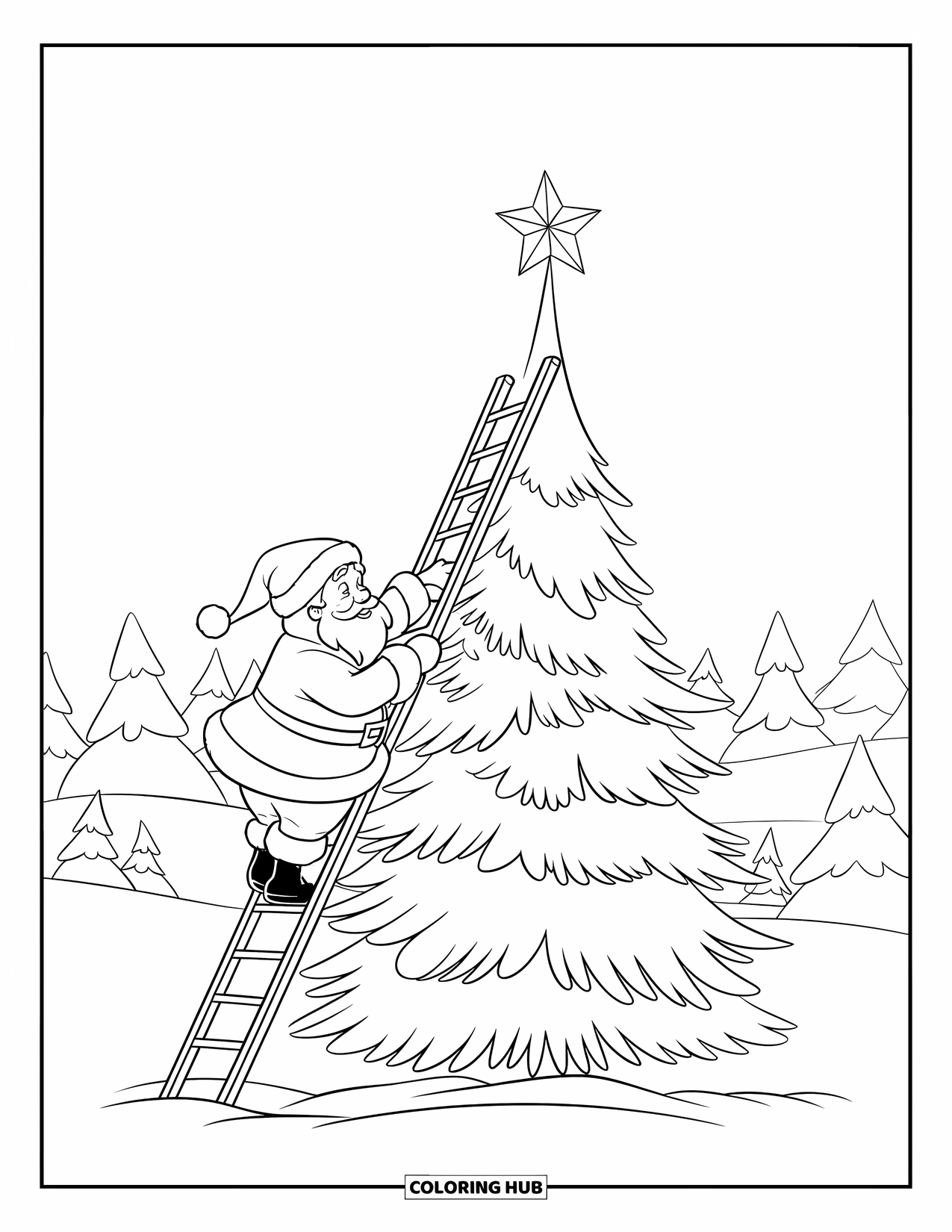 Santa Coloring Page for Kids: Santa climbs a ladder, carefully placing a star on top of a giant Christmas tree