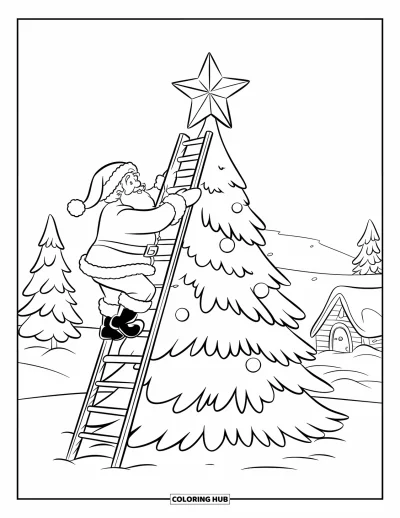 Coloriage de Père Noël pour enfants : Le Père Noël grimpe sur une échelle en bois pour placer une étoile lumineuse au sommet d'un sapin de Noël géant