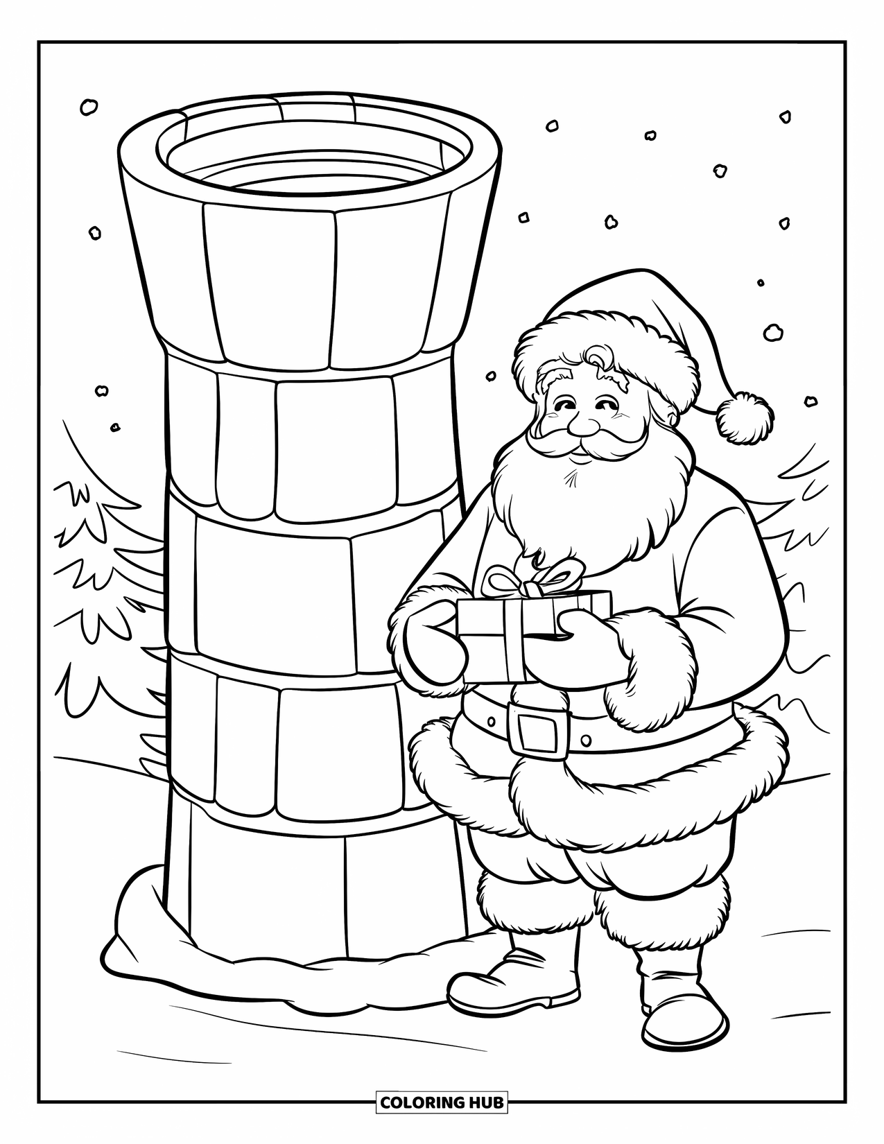 Santa Coloring Page for Kids: Santa clutches a present while standing next to an oversized, snow-covered chimney