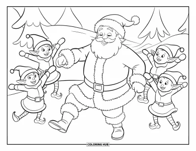 Coloriage de Père Noël pour enfants : Le Père Noël danse joyeusement dans la neige pendant que les lutins l'acclament et applaudissent autour de lui