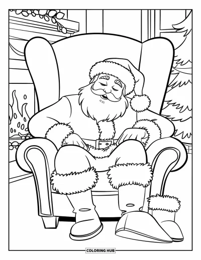 Coloriage de Père Noël pour enfants : Le Père Noël s'endort dans son fauteuil, entouré de cadeaux et d'une cheminée chaleureuse