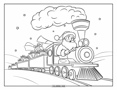 Coloriage de Père Noël pour enfants : Le Père Noël conduit un train festif rempli de cadeaux et de cannes en sucre d'orge dans la neige