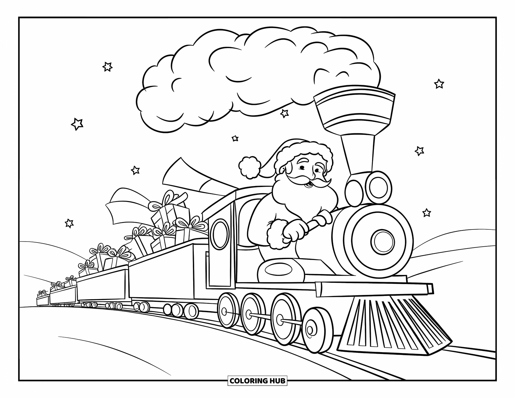 Santa Coloring Page for Kids: Santa drives a festive train filled with presents and candy canes through the snow
