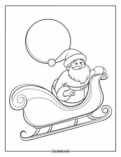 Coloriage de Père Noël pour enfants : Le Père Noël vole dans le ciel nocturne avec son traîneau tiré par des rennes