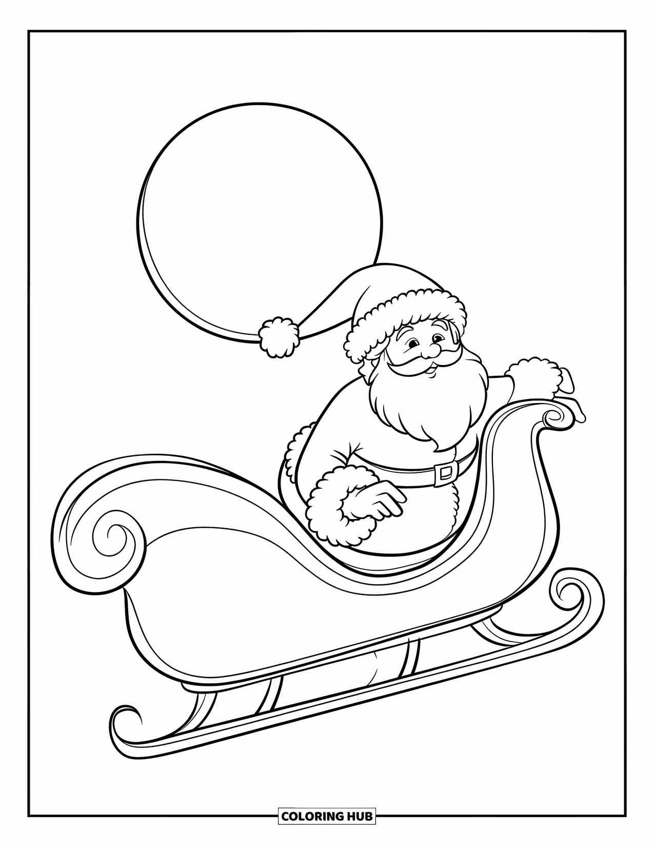 Santa Coloring Page for Kids: Santa flies across the night sky in his sleigh, pulled by reindeer