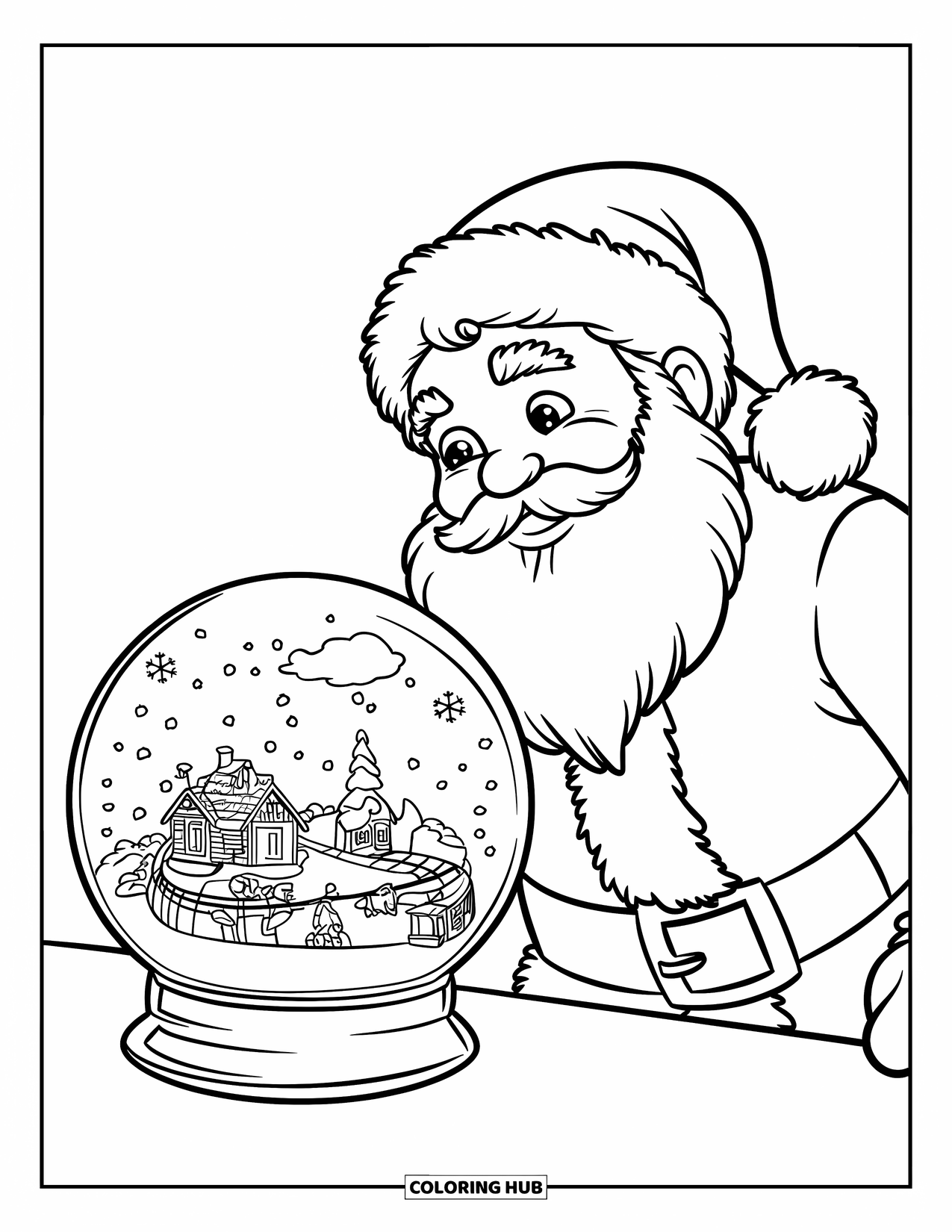 Santa Coloring Page for Kids: Santa gazes into a magical snow globe, watching a tiny village inside come to life