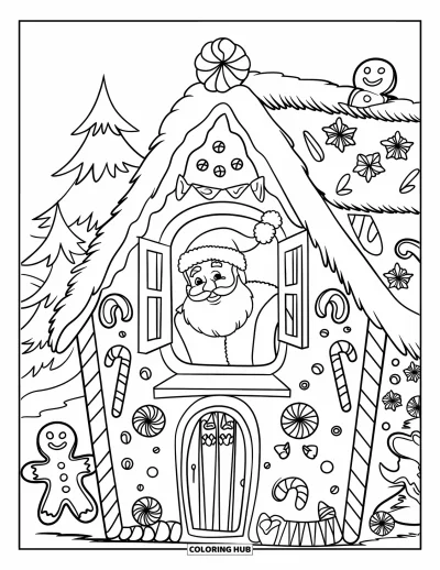 Coloriage de Père Noël pour enfants : Le Père Noël observe depuis une maison en pain d'épices, entouré de cannes en sucre d'orge et de glaçage