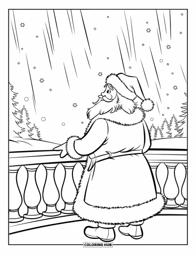 Coloriage de Père Noël pour enfants : Le Père Noël lève les yeux vers les aurores boréales depuis un balcon enneigé dans la nuit