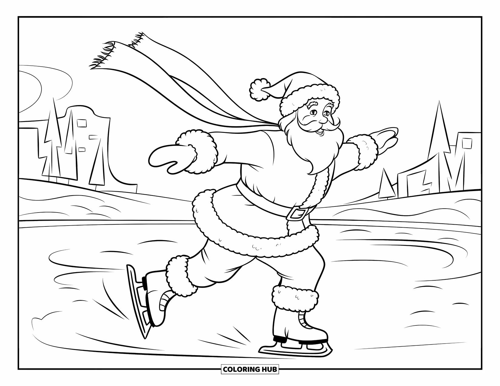 Santa Coloring Page for Kids: Santa glides across the ice, his long scarf flowing behind him as he skates