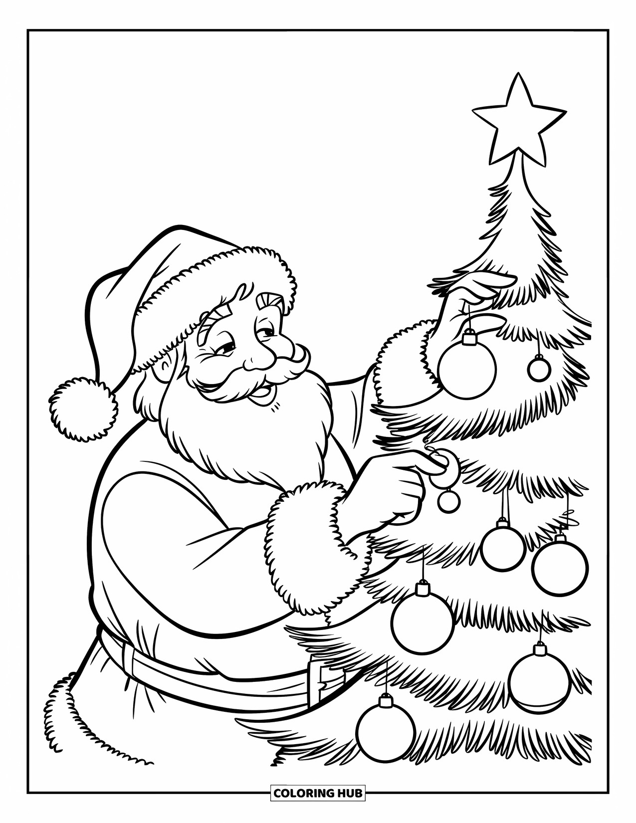 Santa Coloring Page for Kids: Santa hangs ornaments on a Christmas tree, carefully decorating each branch