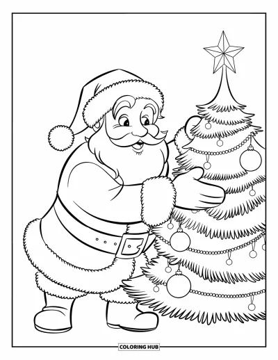 Coloriage de Père Noël pour enfants : Le Père Noël décore joyeusement un sapin de Noël en accrochant des ornements brillants à ses branches