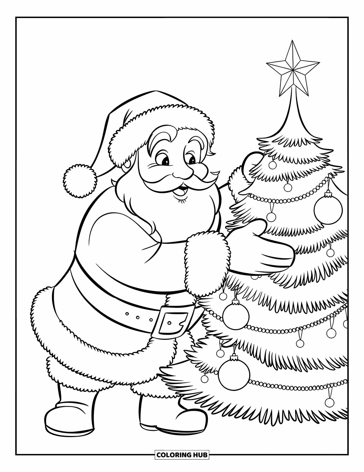 Santa Coloring Page for Kids: Santa happily decorates a Christmas tree, placing shiny ornaments on its branches